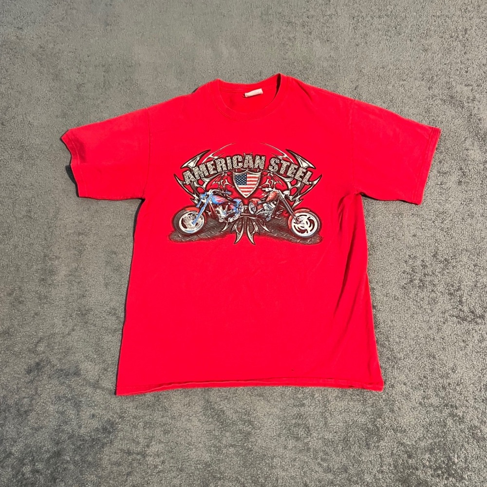 Vintage American Steel Motorcycle Biker Chrome Graphic Shirt Red Mens Medium